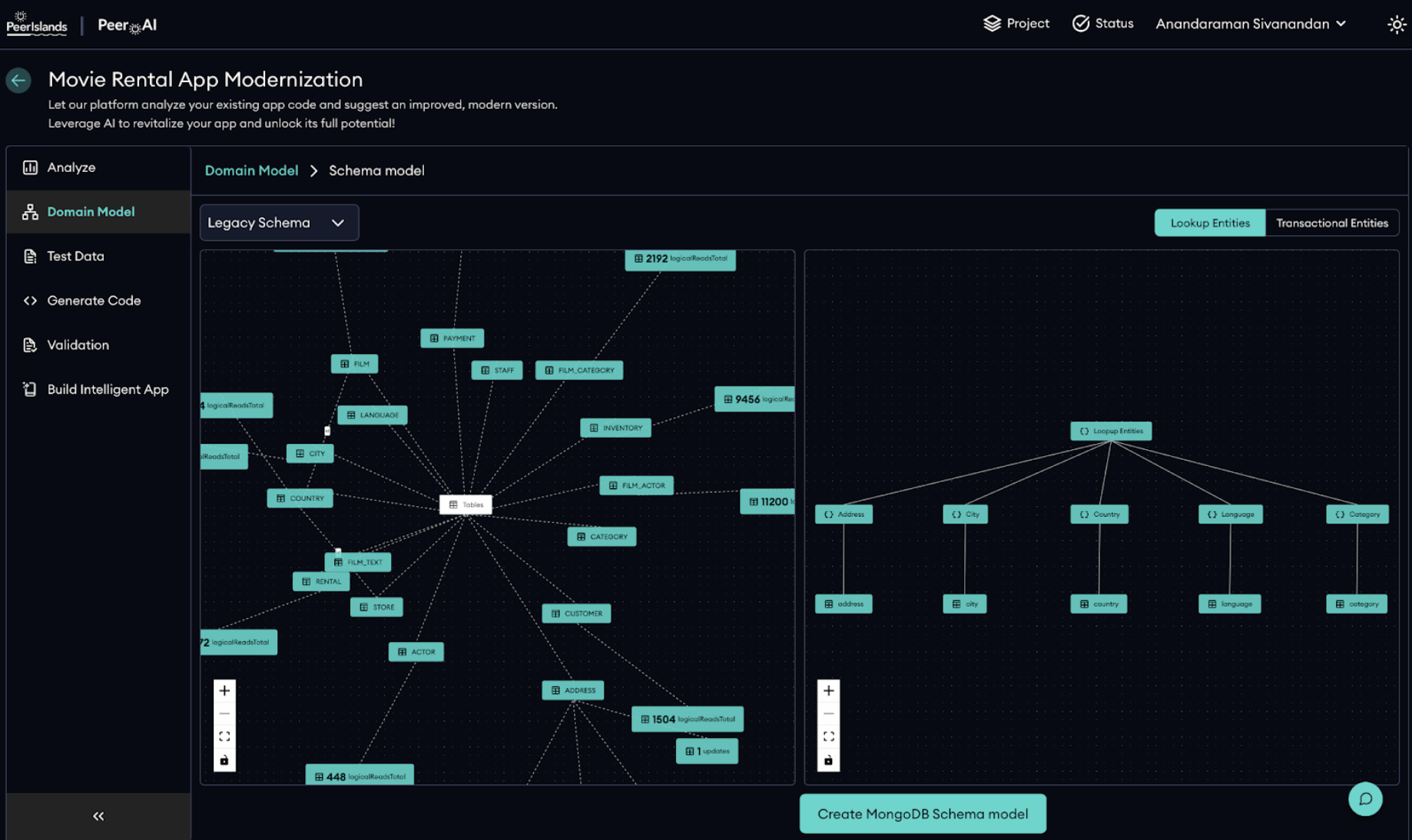 Screenshot of the domain model dashboard in Peer AI, showing the legacy schema of the model.